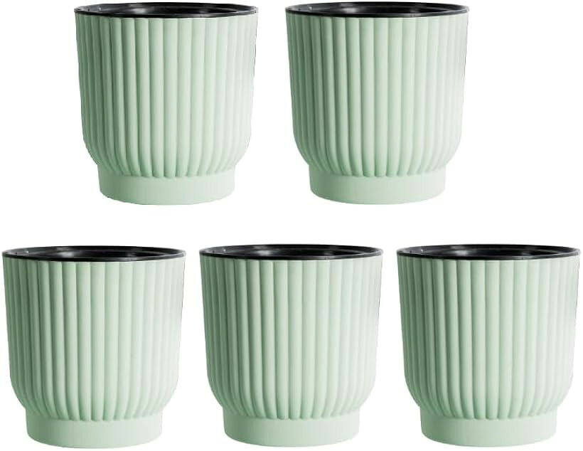 底面給水 植木鉢 4号 5個セット 自動給水 プランター 給水紐付 プラスチック 北欧 (グリーン, ミディアム)