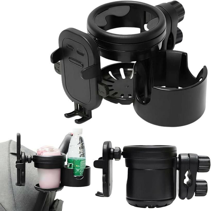 ベビーカー用 ドリンクホルダー 2個 3in1xダブルクランプ スマホ カップホルダー 360度回転 哺乳瓶 マグ (ブラック, 3in1)