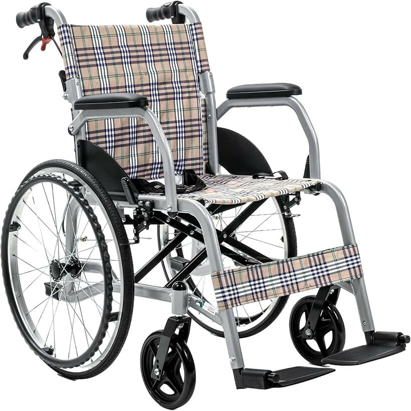 バリエーションコード : 2bk5nnd9yf商品コード2brl5c8414商品名車椅子 自走介助兼用 軽量 折りたたみ アルミ製 耐荷重100kg 介助ブレーキ付 FR-YM02DブランドFamilyRootsカラーベージュxブルーチェック柄サイズ等100 x 64 x 95 cm「自走・介助兼用＆11.6kgの超軽量設計」ご自身で漕ぐことも、介助者に押してもらうこともできる「自走介助兼用」タイプです。本体重量はわずか11.6kgで、女性やご高齢の方でも無理なく持ち運べます。日常の移動や介護の負担も軽くなり、お出かけもぐっと気軽になります。「コンパクト折りたたみで持ち運びラクラク」背折れ機能でワンタッチでコンパクトに折りたためます。折りたたみ時は約34x100x75cm のスリムサイズで、軽自動車のトランクや玄関の狭いスペースにもすっきり収まります。旅行や公共交通での移動にもぴったりです。「両重ブレーキ＆安全性へのこだわり」左右に「駐車ブレーキ」と「介助用ブレーキ」を合計2つ搭載したダブル制動システムです。坂道や急な停止でも安心して使えます。さらに、安全ベルトとサイドガードも付いていて、乗る方をしっかり守ります。「ノーパンクタイヤ＆高耐久フレーム」空気入れの必要がないPU製ノーパンクタイヤで、パンクの心配なし。段差でも振動を吸収してスムーズに走れます。フレームには頑丈なアルミ合金を使用し、安定性と耐久性もバッチリ。最大耐荷重は100kgまで対応しています。「調節可能フットサポート＆600D牛津網格布座面」フットサポート（足置き）は上下・前後の角度を調整でき、長時間座っても疲れにくい設計です。座面は通気性の良い600D牛津網格布を使用しているので、蒸れにくく快適に座れます。※ 他ネットショップでも併売しているため、ご注文後に在庫切れとなる場合があります。予めご了承ください。※ 品薄または希少等の理由により、参考価格よりも高い価格で販売されている場合があります。ご注文の際には必ず販売価格をご確認ください。※ 沖縄県、離島または一部地域の場合、別途送料の負担をお願いする場合があります。予めご了承ください。※ お使いのモニタにより写真の色が実際の商品の色と異なる場合や、イメージに差異が生じることがあります。予めご了承ください。※ 商品の詳細（カラー・数量・サイズ 等）については、ページ内の商品説明をご確認のうえ、ご注文ください。※ モバイル版・スマホ版ページでは、お使いの端末によっては一部の情報が表示されないことがあります。すべての記載情報をご確認するには、PC版ページをご覧ください。