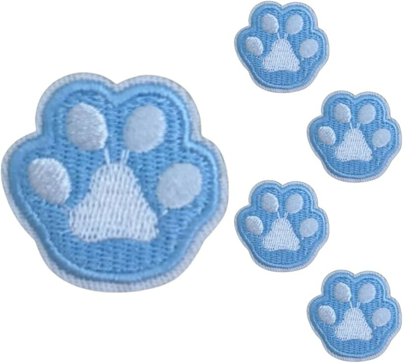 ワッペン シールタイプ 小さめ 刺繍 猫 肉球 足あとモチーフ 5枚セット 全14種 アップリケ (F.ブルーxホワイト, 約3.3x3.3cm)