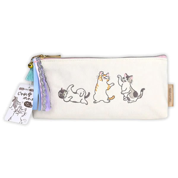 Rakuten - エヌビー社 ペンケース ねころび じゃれ愛和猫 5571325 筆箱 筆入れ ポーチ 刺繍 猫じゃらし リボン 鈴付 ハチワレ 三毛猫