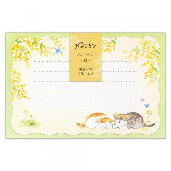 商品の特徴 春らしいモチーフを描いた、気軽にお使いいただけるミニレターセットです。 ミモザの咲く暖かな春を楽しむ猫たちを描きました。 写真（DSC判・L判）も入るサイズで、定形内料金で郵送できます。 春のシーズンや季節のイベントを彩るアイテムとして、ぜひお楽しみください。 サイズ ◇パッケージ：W155×H102×D3mm ◇便箋：W138×H92mm、6枚入り（1柄）、ヨコ5行罫 ◇封筒：W148×H98mm (洋形3号封筒)、3枚入り、郵便枠なし 商品詳細 ◇加工：ダイカット(便箋） その他 ※商品画像は、実際の商品と、色味が多少異なる場合もございます。また、掲載上各パーツの比率は同一ではありません。予めご了承ください。【商品名】ミニレター 春柄 ねころび ミモザA 1682342 （28） 便箋6枚 封筒3枚 NB エヌビー 春 スプリング 季節柄 手紙 春 スプリング 季節柄 手紙