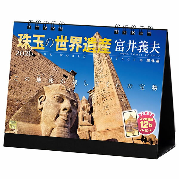 2026 カレンダー 卓上 写真工房 E-01 珠玉の世界遺産×富井義夫 海外編 この地球が残してくれた宝物 182×144mm 両面仕様 ポストカード付き 令和8年
