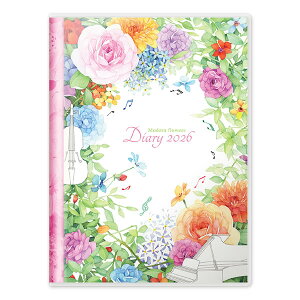 2026 ダイアリー 手帳 フロンティア A5サイズ マンスリー DY-136 モダンフラワー ピンク縦帯 酒井隆嗣 2025年12月〜2027年3月 日曜始まり