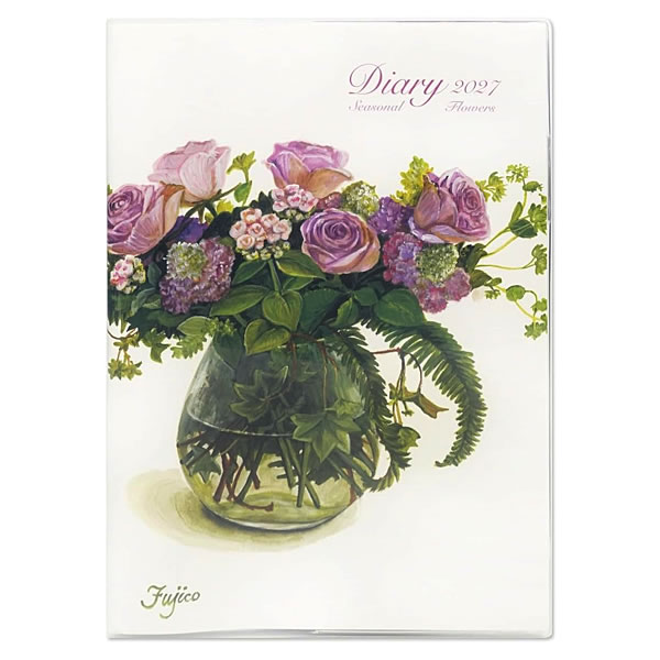 商品の特徴 水彩画家・橋本不二子氏が描く、美しく繊細な花々のイラストが毎月を華やかに彩る2027年版A5サイズマンスリーダイアリーです。 「野生との共生」をテーマに描き下ろされた作品は、自然美あふれる花々がダイナミックかつ繊細に生けられ、温もりのある手書きの魅力がいっぱいに広がります。 予定やメモがゆったり書き込める大きめのA5サイズで、見やすく書きやすい日曜始まり仕様。 マンスリーページには一粒万倍日や天赦日、満月・新月などの吉日表記も掲載されています。 ブックマークやペンホルダーとして使える便利なタグや、記念日控え・年齢早見表などの便利な付録ページも充実。 2026年12月〜2028年3月まで長くお使いいただけます。 サイズ ◇本体サイズ：H215×W150×D7mm（A5サイズ） 商品詳細 ◇本文：80ページ（フルカラー） ◇仕様：月間ブロック見開き1ヶ月、日曜始まり、六曜入り ◇マンスリー：2026年12月〜2028年3月 ◇付録：記念日控え・年齢早見表・ヘルスチェック表・度量衡換算表・時差表・パーソナルデータ ◇生産国：日本 ◇DY-161とDY-162の本文は同じページ内容になります 注意事項 ※商品画像は、実際の商品と、色味が多少異なる場合もございます。また、掲載上各パーツの比率は同一ではありません。予めご了承ください。 ▼ フロンティア2027年手帳同サイズ・シリーズはこちらから選べます ▼ 橋本不二子A5白バラ 橋本不二子A5紫バラ選択中 クラシックローズA5生成り地 クラシックローズA5ピンク地 モダンフラワーA5ローズ音符 モダンフラワーA5ピンク花瓶 フロンティアダイアリーすべて見る＞【商品名】2027年ダイアリー 橋本不二子 手帳 A5 マンスリー 紫バラ DY-162 2026年12月始り 日曜始まり フロンティア 水彩画家・橋本不二子が描く美しく優雅な花々のA5手帳 ▼ フロンティア2027年手帳同サイズ・シリーズはこちらから選べます ▼ 橋本不二子A5白バラ 橋本不二子A5紫バラ選択中 クラシックローズA5生成り地 クラシックローズA5ピンク地 モダンフラワーA5ローズ音符 モダンフラワーA5ピンク花瓶 フロンティアダイアリーすべて見る＞