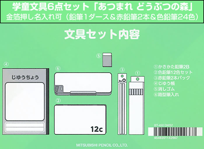 あつまれ どうぶつの森 文具6点セットに鉛筆・色鉛筆金箔押し名入れのセット品 BT450DMS2 三菱鉛筆 鉛筆2B・色鉛筆12色・赤鉛筆2本・じゆうちょう・消しゴム・筆入れ 入学祝い 進級祝い 入園祝い えんぴつ