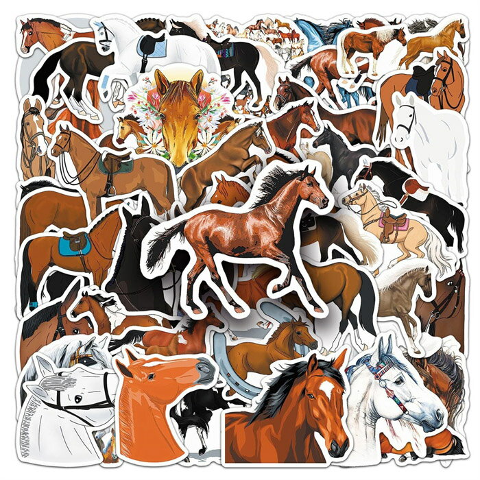 馬のミックスパックシール50枚セット　【 Dタイプ 】　馬の顔　駆ける馬毛色・鹿毛・芦毛・栗毛・青毛・青鹿毛・白毛・月毛・斑毛ダイカット　自分オリジナルグッズにカスタマイズ馬・うま・ウマ・ホース・HORSEがたくさん！！【メール便可】