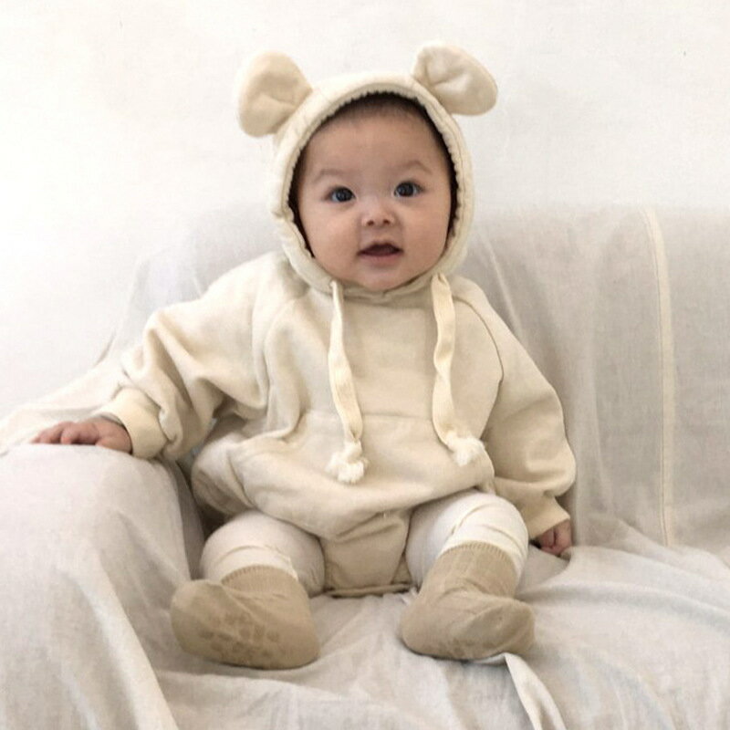 ベビー服 ロンパース 長袖 70 男の子 女の子 裏起毛 フードあり 耳付き 保温 防寒 赤ちゃん アニマル パーカー フード付き ベビーロンパース 【 くま エクリュ 】 可愛い ロンパース ホワイト 秋冬 ベビーのサムネイル