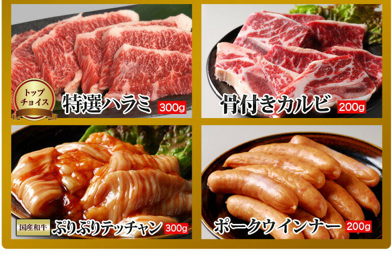 ホルモン BBQ 焼肉 ギフト セット 特選牛ハラミ 骨付きカルビ の入った贅沢 ギフトセット 約3-4人前 計1キロ タレセット付 【ギフト1kg】