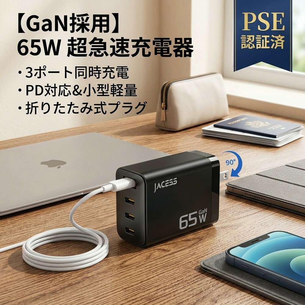 メーカー希望小売価格はメーカーサイトに基づいて掲載しています 【商品説明】 【長時間の充電にサヨナラ！65W急速充電・複数デバイス同時対応】 「充電が遅くて待ち時間が長い…」そんなお悩みを解決！Jacess 65W PD充電器は2025年最新アップグレード版。どのCポートからも最大65W出力可能で、MacBook Air 13は約1時間で満充電、従来USB充電器の約7倍のスピード。iPhone15 Plusならわずか30分で50%以上充電可能。充電時間を大幅に短縮し、驚くほど快適なスピードを体験できます。 【業界革新！2025年 最新GaNIV技術・世界最小クラス設計】 最新の窒化ガリウム（GaN IV）材料と3Dチップ積層技術を採用し、サイズはわずか 2.8 × 4 × 5.8 cm。Apple純正67W充電器と比べて66.3%小型化・61.1%軽量化・50%省エネを実現。Bluetoothイヤホンほどの大きさで、隣のコンセントを邪魔しません。折りたたみ式プラグで持ち運びも安心、重さわずか93.4g。出張や旅行に最適です。 【これ1台で4台同時充電】 MacBook、ノートPC、タブレット、スマートフォンなど複数のデバイスを同時に充電可能。コンセントの占有を減らし、デスク周りもスッキリ。複数端末を持つご家庭に最適な65W高速充電器です。 【安心・安全設計】 高品質Apple Piチップを内蔵し、毎秒2500万回の高速安全チェックを実行。電流を自動調整し、発熱を抑えて低温急速充電を実現。UL94-V0等級の難燃性PC素材を採用し、PSE認証・国際安全基準IEC62368-1に準拠。短絡保護・過電流保護・過電圧保護・過熱保護など10種類の安全保護機能を搭載。夜間も安心してお使いいただけます。 【幅広い互換性＆安心保証】 Windows PC、MacBook、iPad Pro/iPad mini、iPhone、Androidスマホ、Switch、AirPods、iWatch、扇風機など幅広く対応。AC100-240V対応で海外出張や旅行にも大活躍。Jacessは世界100か国で高品質充電器を提供しており、お客様の声を大切に、常に改善を続けています。