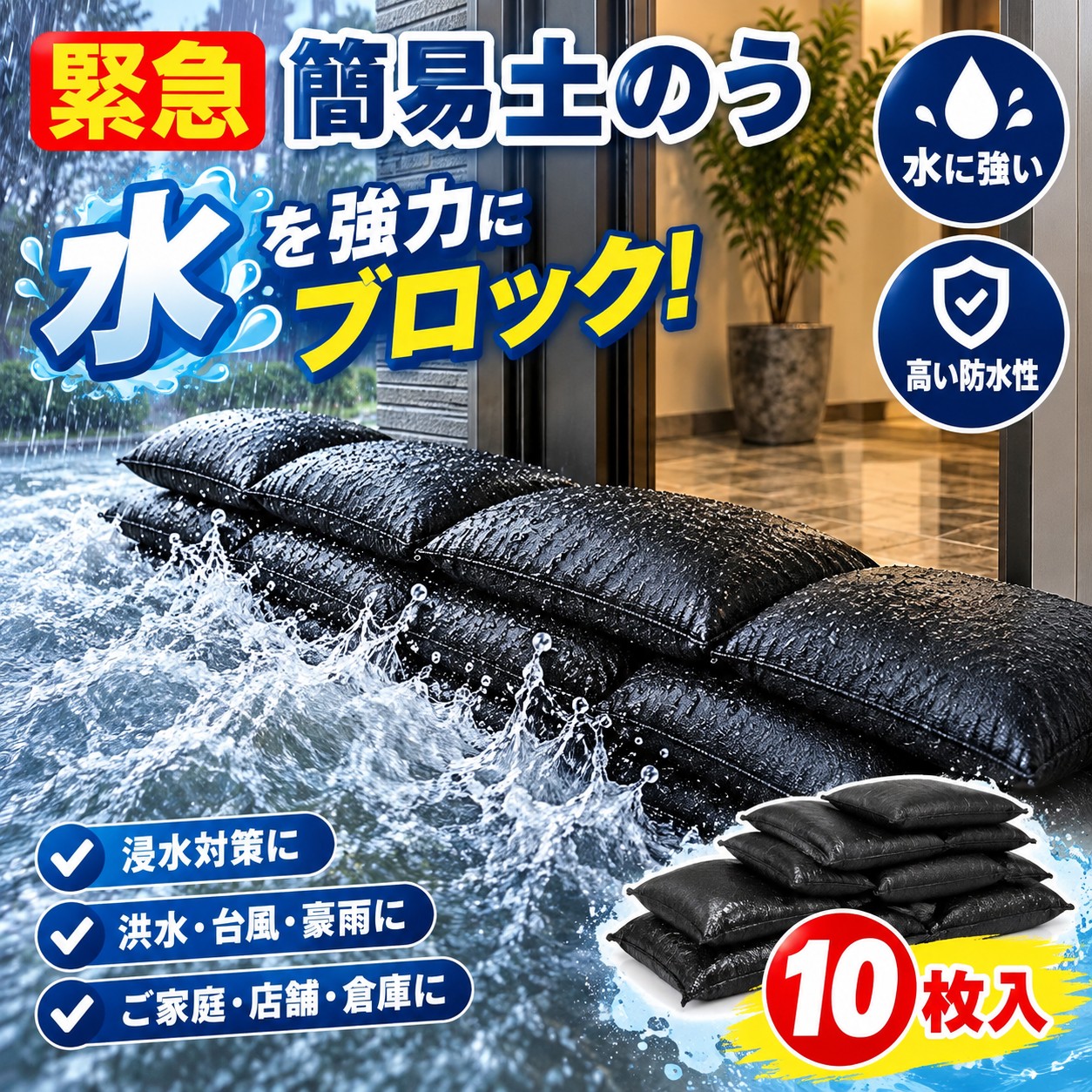 メーカー希望小売価格はメーカーサイトに基づいて掲載しています 防災士監修 吸水土のう 10枚入 戸建 マンション 店舗 あらゆる水害に ゲリラ豪雨 台風 排水溝の逆流 浸水の備えは できていますか 近年 日本全国で 豪雨による浸水災害が頻発し 過去10年間に 約98%の市町村で水害が発生しています。 戸建ての玄関 マンションの排水溝 店舗の出入口 それぞれにリスクがあります。 重たい従来の土のうは 保管も運搬も大変です。 この 吸水土のうなら 未使用時は約270gの軽量シート状 水につけるだけ 約5分で18kgの止水ブロックが完成 土砂不要です。 ■ 住まいと仕事 3つの水害リスク 戸建てにお住まいの方玄関 車庫 勝手口からの浸水 ゲリラ豪雨や台風の備えに マンション アパートにお住まいの方共用排水管の逆流は2階以上でも起こりえます 洗濯機 トイレ 浴室の緊急止水に 店舗 事務所 管理をされている方一度の浸水は営業停止や設備破損につながります 出入口や地階の対策 業務備蓄に ■ 選ばれる 4つの特長 ● 防災士監修防災の専門家が内容を監修 実用的な備えに ● 水で膨らむ 土砂不要水だけで約5分 18kgの土のうが完成 重機も人手も不要 ● 軽量270g 薄型保管10枚で約2.7kg 押し入れ クローゼット 倉庫にも収納可能 ● 10枚入 5年保管可能複数箇所をまとめてカバー 湿気に問題がなければ5年保存可能 ■ 使い方 3ステップ STEP 1 浴槽 シンク バケツなどに淡水を張り 土のう袋を完全に沈めます STEP 2 水中で袋をもみほぐし 中の高吸水性ポリマー全体に水を染み込ませます STEP 3 約5分で18kgに膨らみます 浸水を防ぎたい場所に並べて設置します ■ 活躍シーン ● 一般家屋 車庫 倉庫の 玄関 出入り口 ● マンション アパートの 洗濯機 トイレ 浴室 排水溝逆流対策 ● バルコニー ベランダ 排水口 目詰まり時の止水 ● 店舗 商業施設 事務所 工場の 出入口 浸水防止 ● 工事現場 建設現場の 仮設止水 冠水対策 ● ビル 地階 地下駐車場の 浸水ブロック ● マンション管理組合 自治体の 防災備蓄 ■ 商品仕様 商品名RABLISS 吸水式簡易土のう 10枚入 型番KO375 JAN4573284126958 本体サイズ吸水前 約60×40cm / 吸水後 約60×40×12cm 本体重量吸水前 約270g / 吸水後 約18kg 材質高吸水性ポリマー ポリエチレン 内容量10枚入 保管期間5年保管可能 湿気に問題がなければ ■ よくあるご質問 Q. お風呂の残り湯は使えますかA. 使えますが 入浴剤が入っている場合は膨らまないのでご注意ください 60度以上のお湯では膨らみません Q. 雨水や海水は使えますかA. 雨水でも膨らみますが不純物が多く 吸収率が落ちるため推奨していません 海水では膨らみません Q. 泥水は使えますかA. 膨らむまでに時間がかかるため推奨していません 淡水をおすすめします Q. 室内で保管しても大丈夫ですかA. 大丈夫です 湿気の少ない場所で5年保管可能 使用直前まで未開封であれば品質は維持されます Q. 使用後の廃棄はどうすればA. 乾燥させて小さくした後 一般ゴミとして自治体のルールに従って廃棄してください 法人様は産業廃棄物処理業者にご相談ください 戸建てにも マンションにも 店舗にも 大切な人と場所を守る備えを