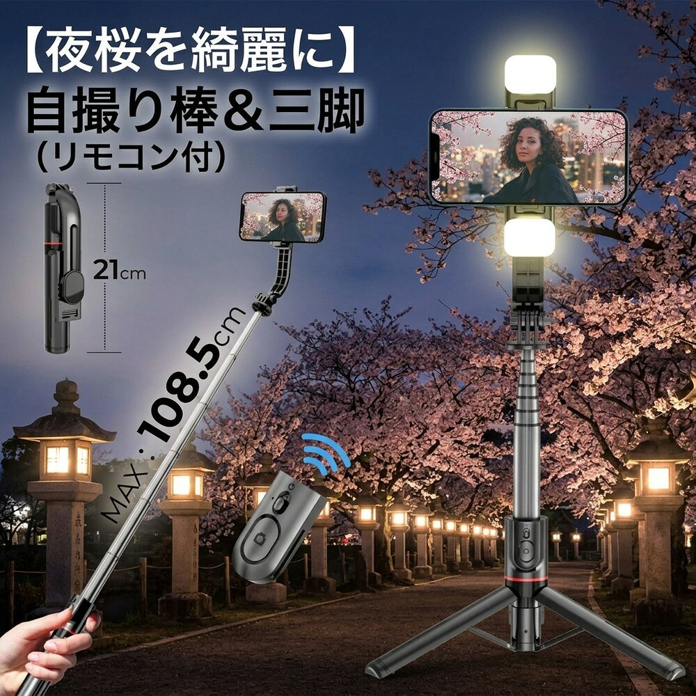 世界的に認められたMiCOM Labsから 日本向け無線設備証明を取得 自撮り棒 じどり棒 三脚 セルカ棒 スマホスタンド Bluetooth リモコン付き 6段階伸縮 360°回転+260° 丈夫 安定感 コンパクト アルミナ合金製 L12番 ■【4 in 1自撮り棒】 じどり棒は三脚を内蔵したタイプで、手持ちの自撮りだけでなく、三脚のスマホスタンドとしての動画鑑賞、集合写真、生放送、オンライン会議などにも適しています。用途の広い設計で、1/4ねじ付きで、デジタルカメラスタンド、アクションカメラの鋸歯棒、または生放送用リングライトの三脚としても使用できます。 ■【小型で安定感がある】 元の小型自撮り棒は安定性が弱く、倒れやすいなどの悩みがあった。自撮り棒の三脚には頑丈な構造が搭載されており、底部には滑り止めシリコン素材を使用し、倒れないように安定感を実現している。さらに、本社ののセルカ棒には航空グレード素材ステンレスを採用し、軽量で耐久性を高め、女性、子供も持つことを気にせず、旅行の撮影などに最適です。 ■【軽量でコンパクト】 アルミナ合金製自撮り棒を使用するシーンを考慮し、数回の実験を経て、自撮り棒の機能を満たした状態でより小型に進化した。自撮り棒は68cmまで伸縮でき、折りたたんだ状態は21 cm、500 mlのペットボトルより小さく、半分程度に薄く、ズボンのポケットに入れることもできます。 ■【遅延なしで撮影】 自撮り棒の無線リモコンは最先端のBluetooth 5.2技術を採用し、通信範囲と伝送速度を大幅に向上させ、環境の影響を受けない良好な接続安定性を実現し、ワンクリックで撮影し、遅延しない。さい大超遠距離10 mリモート撮影対応、家族写真、一人旅など素敵な全身写真が実現できます。初心者でも簡単に操作でき、初期接続が完了すると、じどり棒のリモコンは電源を切っても設定が残ります。再び電源を入れて、最後に接続したスマートフォンに自動的に接続する瞬間接続を実現しました。*Bluetooth機能を搭載したAndroidやiOSスマホに対応できます。 ■【360°+260°全方位自由調節】 　 自撮り棒は元機種の水平360°回転を継承したほか、さらに改良した点で上下260°回転を実現し、撮影角度を気にする必要がない。4～7インチのスマートフォンをのじどり棒のスタンドに取り付けることができ、小さな端末でも、大画面の端末でも固定できます！ ■【パッケージ内容】 1：スタビライザー自撮り棒 *1 2： 取扱説明書 *1 【注意事項】 ※アンドロイドの場合、シャッターボタンを押して、シャッターが切れない場合は、事前にスマートフォン本体の音量ボタンを押して、カメラアプリのシャッターを切れるように、設定いただく必要があります。 操作が不明な場合は、携帯機器本体の取扱説明書をご確認いただくか、ご利用のメーカーへご相談ください。