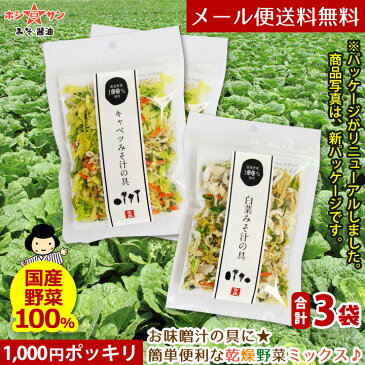 乾燥野菜ミックス 120g【メール便 送料無料】1000円ポッキリ！≪乾燥野菜 (白菜 人参 キャベツ 大根 玉ねぎ 小松菜の贅沢6種) 合計3個セット(40g×3袋)≫簡単便利♪お味噌汁の具【国産野菜】カップ麺 サラダ 炊き込みご飯【台風 保存食 非常食】九州老舗みそ醤油屋ホシサン