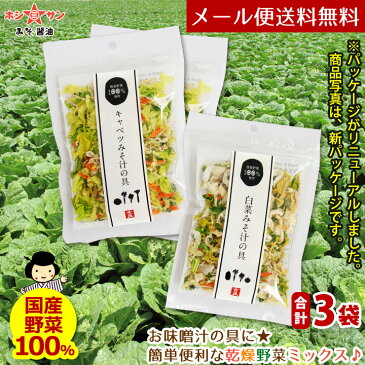 乾燥野菜ミックス 120g【メール便 送料無料】≪乾燥野菜 (白菜 人参 キャベツ 大根 玉ねぎ 小松菜の贅沢6種)合計3個セット(40g×3袋)≫簡単便利♪お味噌汁の具【国産野菜使用】カップ麺 サラダ 炊き込みご飯に【保存食 非常食】吉良食品 九州老舗ホシサン