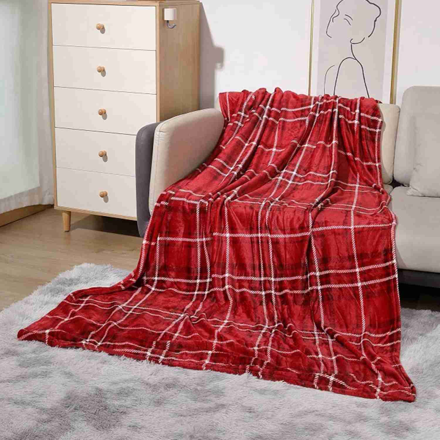 150 レッド プレゼント 大判 チェック柄 膝掛け 掛け毛布 暖かい 防寒 リバーシブル ブランケット 可愛い 柔らかい もこもこ 冬用 シングル 毛布 フランネル おしゃれ ふわふわ ブランケット
