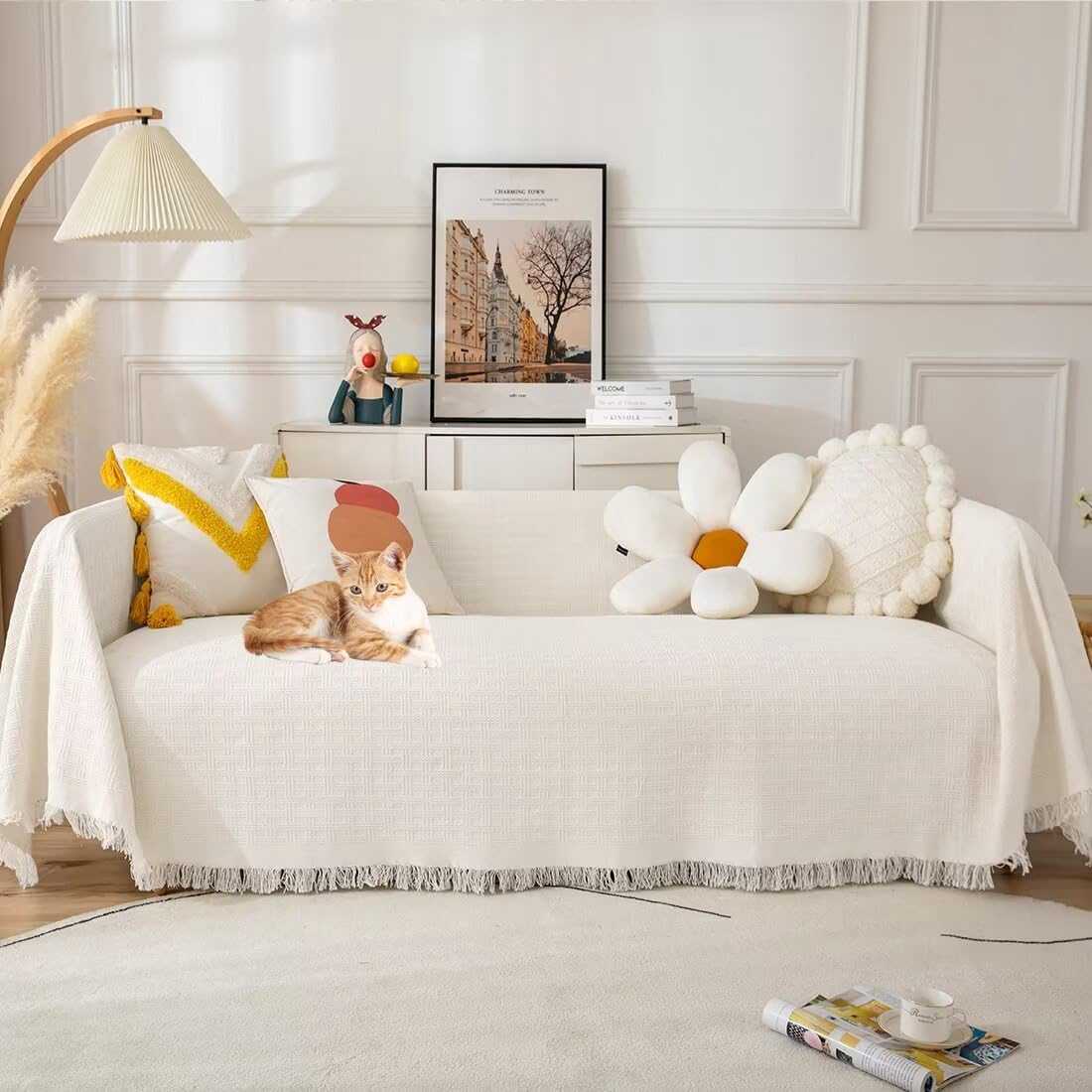 防塵 保護カバー おしゃれ フリンジ付き リバーシブル 綿+ポリエステル混紡 ブランケット 多機能 大判 長方形 ソファカバー 北欧 マルチカバー 肘なし 肘付き 3人掛け 4人掛け ソファーカバー