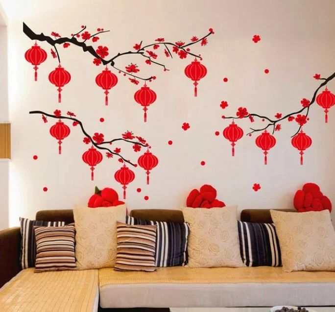 Rakuten - 節句 中華街 中国 新春 新年 旧正月 梅 桃 インテリア 模様替え DIY 剥がせる はがせる 賃貸OK シール 壁紙 提灯 春節祭