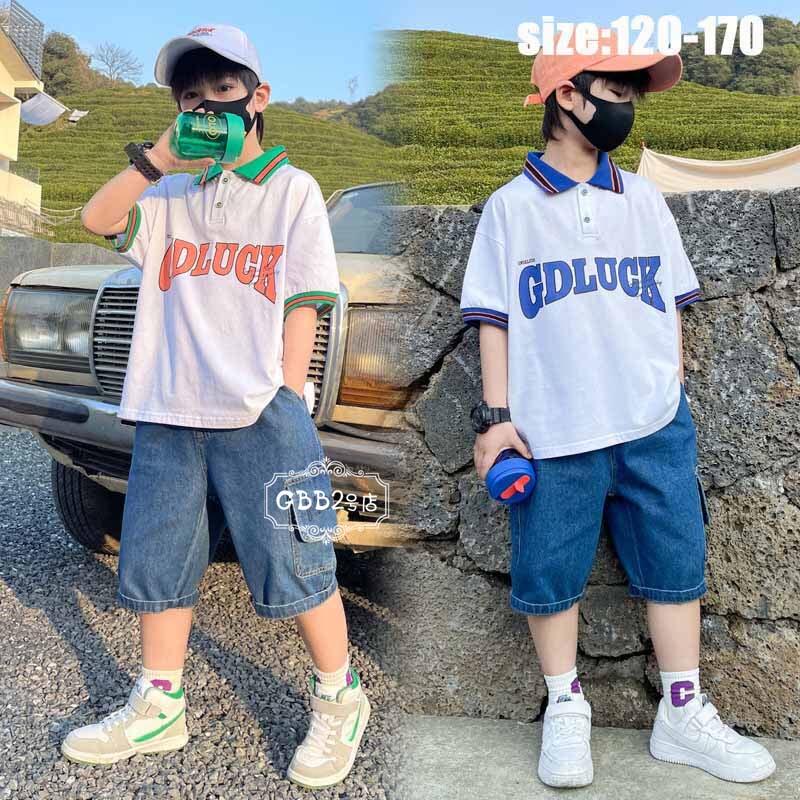 韓国子供服 セットアップ 男の子 夏 ポロシャツ 半ズボン デニムパンツ 半袖 上下セット 五分丈パンツ ..
