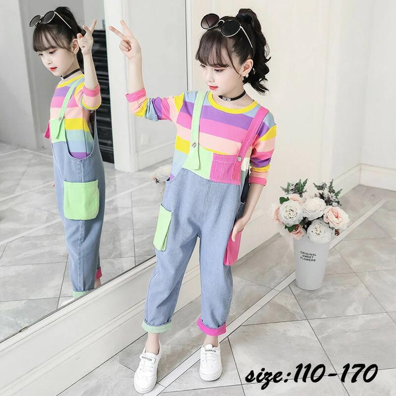 韓国子供服 2点セット カジュアル ナチュラル tシャツ オーバーオール デニムズボン ストライプ ロングパンツ ジーンズ 春秋 長袖 セットアップ カジュアル ゆったり 女の子 キッズ こども 可愛い きれいめ //卒園式/入学式/パーティ 110-170cm
