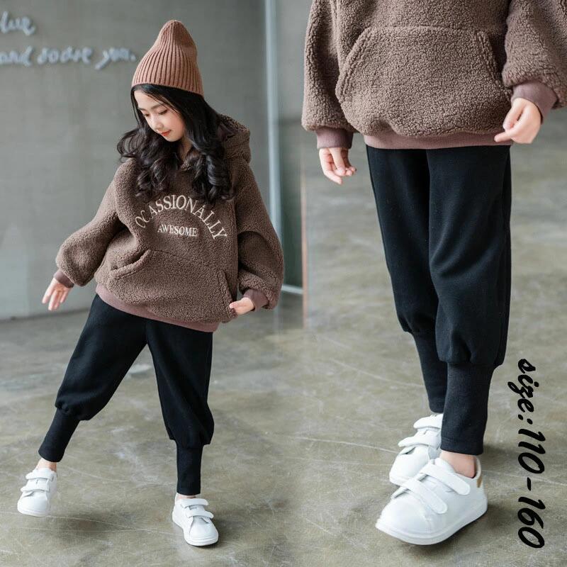 乐天商城 - 【初購入8％OFFクーポン】 長ズボン 韓国子供服 裏起毛 あつたか 防寒パンツ 秋冬 厚手 暖かい ロングパンツ ボトムス 女の子 カジュアル スポーツズボン 純色 キッズ こども 可愛い きれいめ //卒園式/入学式 110-160cm ブラック