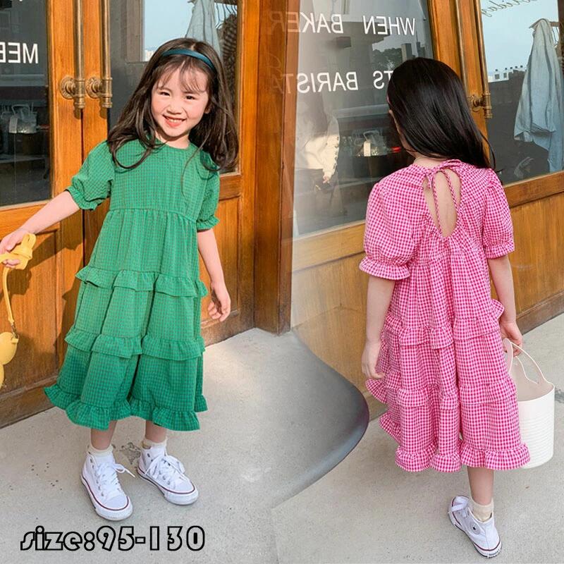 乐天商城 - 【初購入3500円以上7％OFFクーポン】 韓国子供服 ワンピース 夏 子供ドレス 半袖 綿 チェック柄 ベアバック 女の子 リゾート おしゃれ 子ども服 ビーチ カジュアル 女児 ベビー 人気 可愛い ジュニア服 卒園式/入学式/パーティ ピンク グリーン 95-130cm