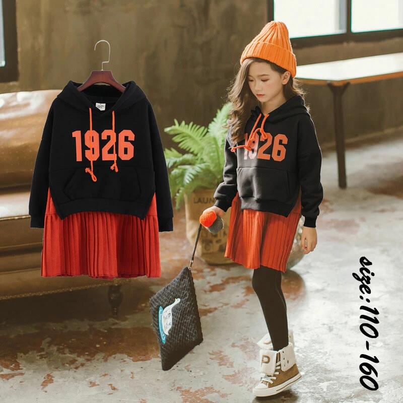 パーカーワンピース ロング丈 パーカー 長袖 トップス 裏起毛 あつたか 秋冬 プリーツスカート フード..