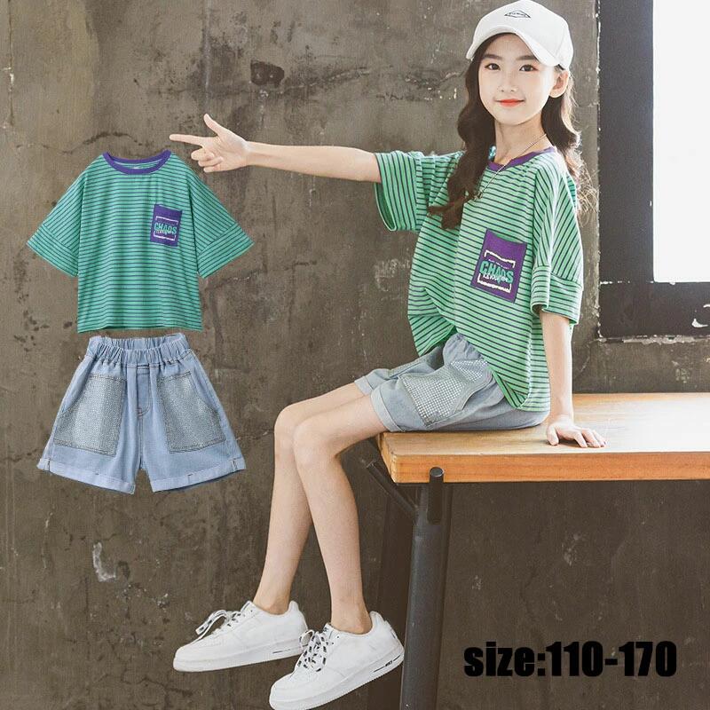 韓国子供服 セットアップ 夏 tシャツ 半ズボン デニムパンツ ジーンズ 半袖 薄手 カジュアル リゾート 女の子 上下セット キッズ こども 可愛い きれいめ //卒園式/入学式/パーティ 110-170cm