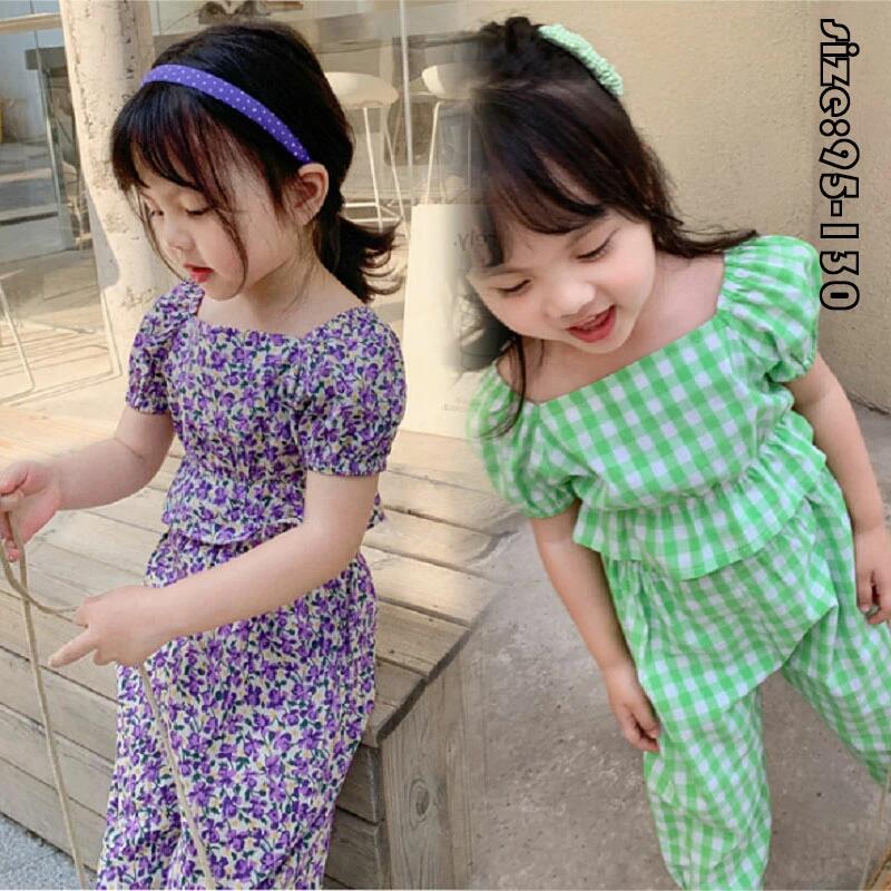 韓国子供服 2点セット 花柄 トップス ズボン プリント チェック柄 九分丈パンツ 夏 半袖 ゆったり カジュアル リゾート 女の子 セットアップ キッズ こども 可愛い きれいめ //卒園式/入学式/パーティ 95-130cm