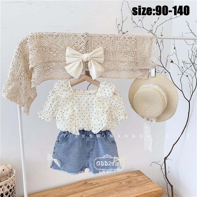 乐天商城 - 【初購入8％OFFクーポン】 韓国子供服 セットアップ 半袖 女の子 夏 ドット シフォン シャツ ショートパンツ デニムパンツ ジーンズ リボン付き カジュアル ナチュラル 上下セット リゾート キッズ こども 可愛い きれいめ //卒園式/入学式 90 100 110 120 130 140