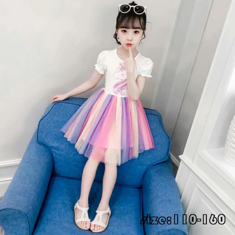 乐天商城 - 【初購入8％OFFクーポン】 子供服 ワンピース 子供ドレス チュールスカート ミディアム丈 膝丈 切り替え 虹色 プリント 半袖 女の子 Aライン フレアスカート リゾート おしゃれ 子ども服 夏 ビーチ カジュアル 女児 人気 可愛い ジュニア服 公演 卒園式/入学式/パーティ