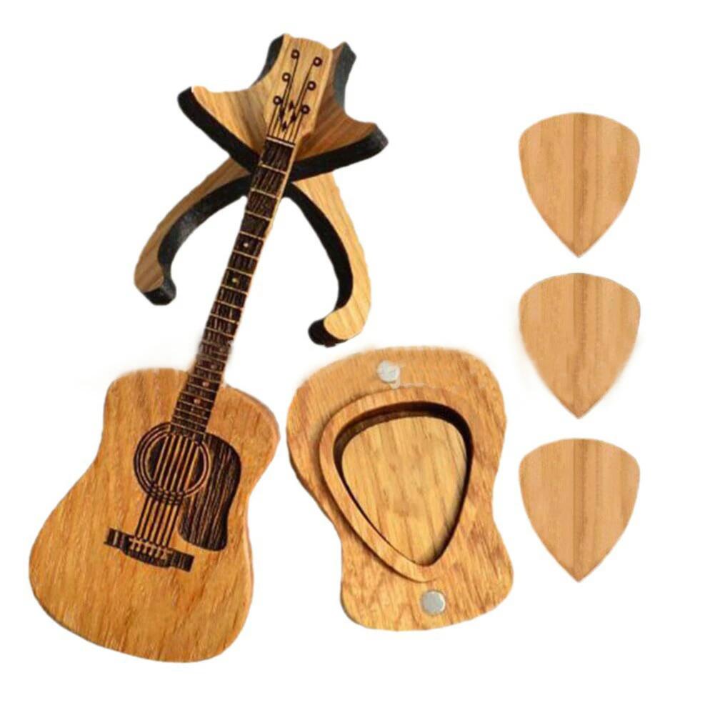 ギター型ピックケース 5点セット ギター型ピック収納ボックス 軽量 木製 ギター型ホルダー 楽器ギターピックボックス ギターツールオーガナイザー 品質 三角形 木製 ギターピック ギフト