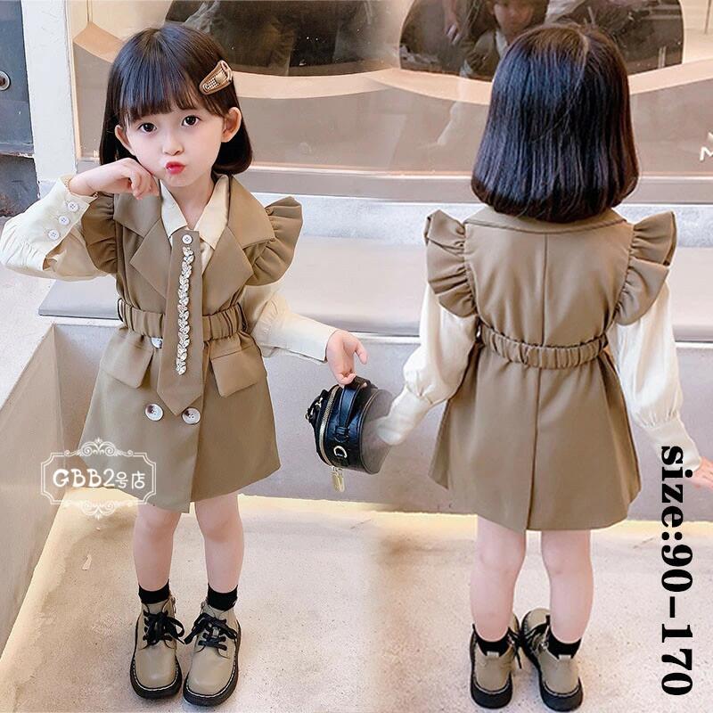 Rakuten - 韓国子供服 セットアップ 女の子 シャツ+ワンピース 春秋 長袖 2点セット フォーマル ベルト付き ネクタイ付き フリル リゾート カジュアル キッズ こども 可愛い きれいめ //卒園式/入学式/パーティ 90 100 110 120 130 140 150 160 170