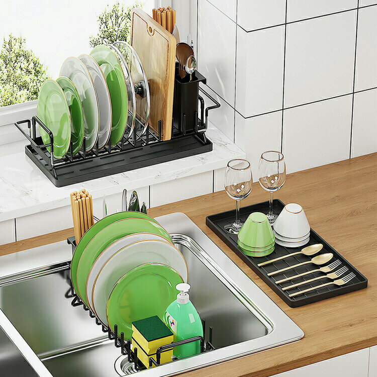 Rakuten - 水切りラック 伸縮式 35-47cm 3way使い方 食器水切り 食器水切りラック 水切りかご キッチンラック シンク上 台所用 スリム 省スペース 一人暮らし 食器乾燥ラック 洗い物ラック 水受けトレー付き 箸立て付き 滑り止め付き 調整可能 伸縮タイプ