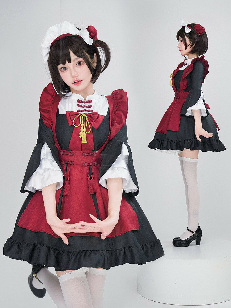 メイド コスプレ ワンピース ゴスロリ 中華風 ロリータ チャイナ ロリ ゴシック Lolita系 猫 チャイナドレス ロリィタ 膝丈 スカート 萌え萌え 中華 少女ウェア 小悪魔 ハロウィン レディース 可愛い 二次元 ドレス 学園祭 文化祭 イベント クリスマス