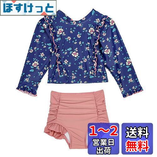 [Suerba] 水着 キッズ 女の子 2点セット セパレート 水着 花柄 長袖 ラッシュガード UV対策 色：ネイビー、サイズ：90