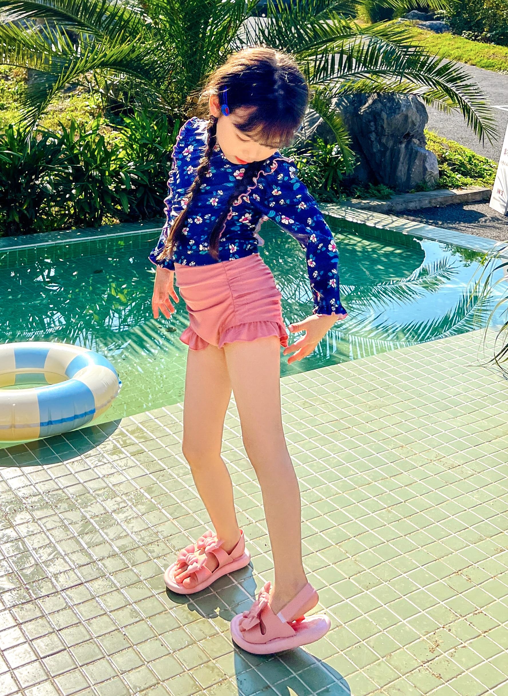 [Suerba] 水着 キッズ 女の子 2点セット セパレート 水着 花柄 長袖 ラッシュガード UV対策 色：ネイビー、サイズ：90