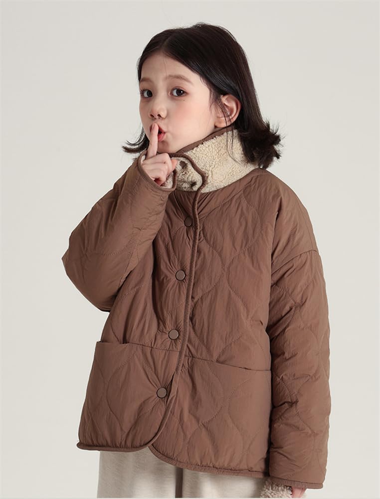 [KOSIKINI] ボアジャケット 女の子 リバーシブル アウター ボアブルゾン キッズ 中綿 フリース コート ガールズ モコモコ アウター 冬 子供服 厚手 暖かい 女の子 カジュアル 韓国 おしゃれ 小学生 中学生 ジュニア 中綿 アウター 女の子 色：ブラウン、サイズ：130