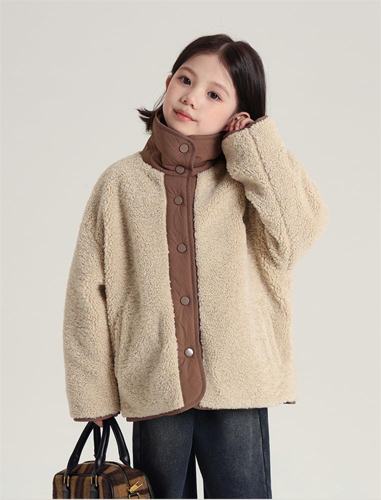 [KOSIKINI] ボアジャケット 女の子 リバーシブル アウター ボアブルゾン キッズ 中綿 フリース コート ガールズ モコモコ アウター 冬 子供服 厚手 暖かい 女の子 カジュアル 韓国 おしゃれ 小学生 中学生 ジュニア 中綿 アウター 女の子 色：ブラウン、サイズ：130
