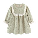 LittleSpring ドット ワンピース キッズ 女の子 縁取り 長袖 膝丈 薄手 色:グリーン、サイズ:100