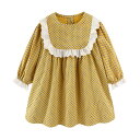 LittleSpring ドット ワンピース キッズ 女の子 縁取り 長袖 膝丈 薄手 色:イエロー、サイズ:140