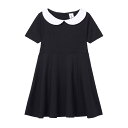 LittleSpring フォーマル ワンピース キッズ 丸襟 白襟 フレア 紺色 黒 ドレス 子供 女の子 色:半袖-ブラック、サイズ:160