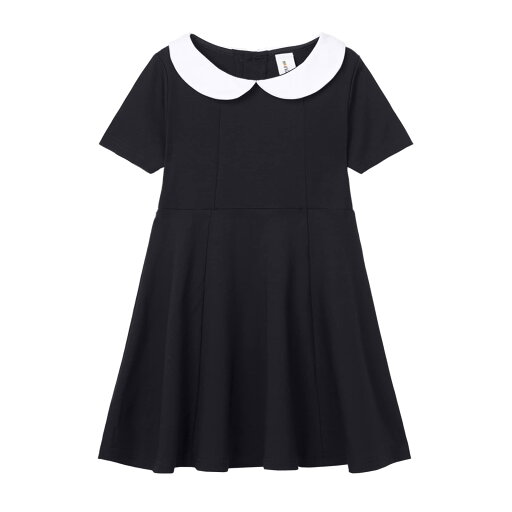 LittleSpring フォーマル ワンピース キッズ 丸襟 白襟 フレア 紺色 黒 ドレス 子供 女の子 色:半袖-ブラック、サイズ:120 LittleSpring フォーマル ワンピース キッズ 丸襟 白襟 フレア 紺色 黒 ドレス 子供 女の子 色:半袖-ブラック、サイズ:120