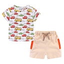 LittleSpring 夏 セットアップ キッズ プリント tシャツ ベージュ ショートパンツ 子供 男の子 色:車、サイズ:130