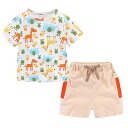 LittleSpring 夏 セットアップ キッズ プリント tシャツ ベージュ ショートパンツ 子供 男の子 色:アニマル、サイズ:130