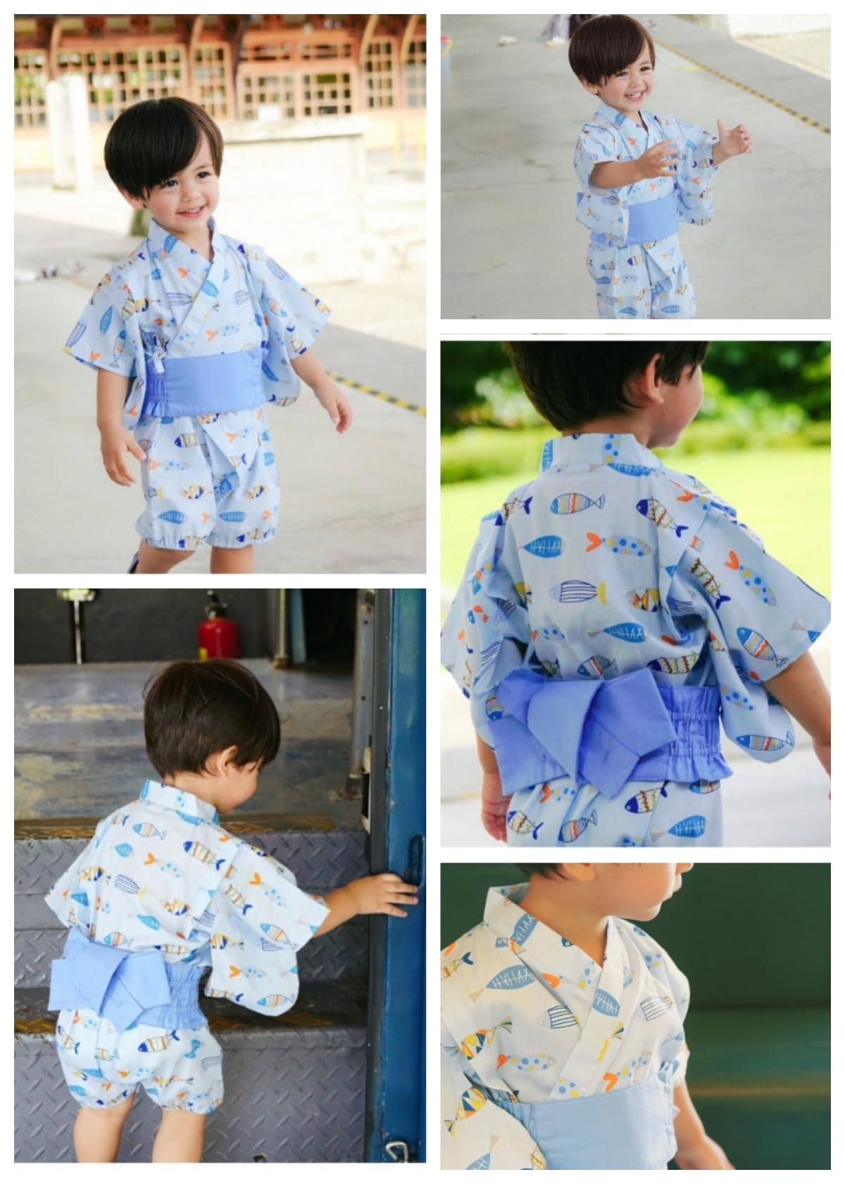 [KISBINI] ベビー服 ロンパース 和装 着物 甚平 浴衣 赤ちゃん はっぴ 男の子 女の子 夏 七夕 出産祝い 新生児ギフト プレゼント 記念写真撮影 初節句 お食い初め お宮参り お盆祭り 70 80 90 色：魚柄、サイズ：70