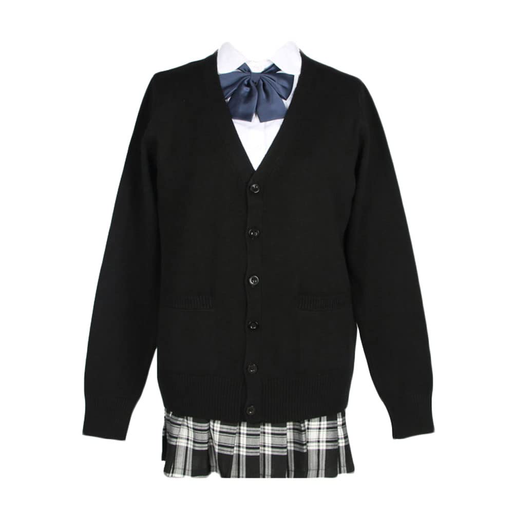 zuevi スクールカーディガン 女子 制服 カーディガン 長袖 学生 レディース セーター トップス Vネック 高校生 アウター セーター ゆったり コットン ニット プレゼント 無地 通学 通勤 春秋冬 ギフト 色:ブラック、サイズ:2XL