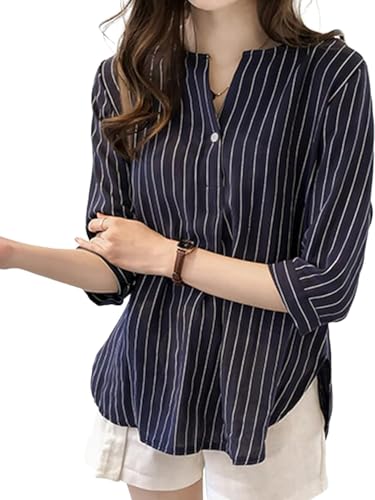 Wnodruke シャツ ブラウス レディース スリット ストライプ 七分袖 大きいサイズ トップス 可愛い カジュアル ファッション 日常 春 夏 秋 WN063 色:ネイビー、サイズ:M Wnodruke シャツ ブラウス レディース スリット ストライプ 七分袖 大きいサイズ トップス 可愛い カジュアル ファッション 日常 春 夏 秋 WN063 色:ネイビー、サイズ:M