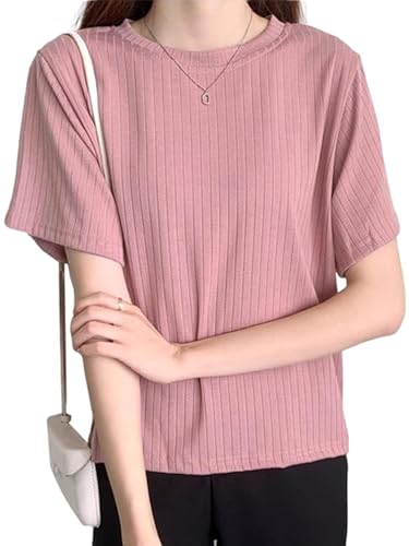 Wnodruke Tシャツ カットソー レディース リブ 半袖 丸首 シンプル カジュアル トップス 夏 WN065 色:ピンク、サイズ:L