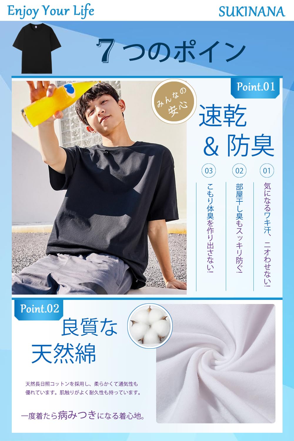 Sukinana インナーシャツ メンズ 5点セット 綿100% 抗菌 防臭 速乾 tシャツ 半袖 クルーネック 肌着 心地肌触り 無地 通気性 下着 シャツ 男女兼用 春 夏 秋 冬 色：ブラック、サイズ：2XL