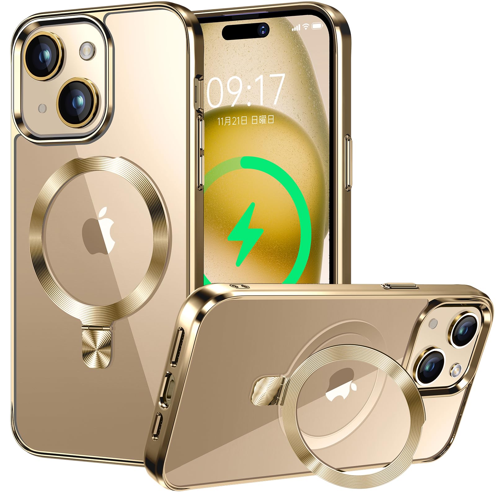 CSZENMEN【CD MagSafeリング・スタンド一体】iPhone 15 用クリアケース[MagSafe対応・隠しスタンド] [本体の色・メッキバンパー]ストラップホール付き 角度調整可 米軍MIL規格取得・耐衝撃 アイホン15透明ケース スマホケース15 人気 6.1インチ(ゴールド)